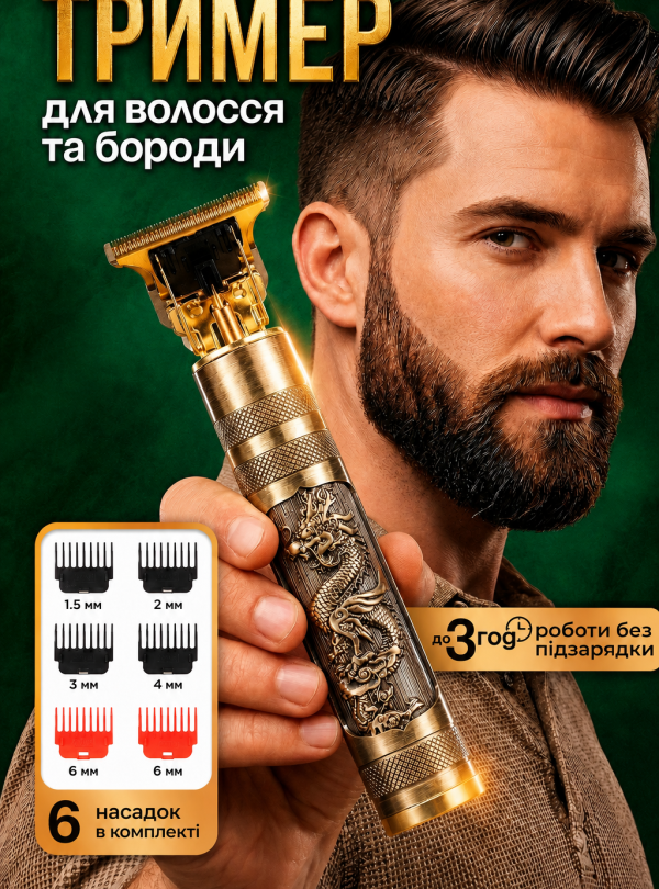 <b>OnePro</b> • Тример для бороди універсальний чоловічий акумуляторний для стрижки волосся для догляду за бородою з комплектом 5 насадок професійна машинка для стрижки бездротова для моделювання вусів для дому та відрядження USB OnePro золотий 73858 Золотистий