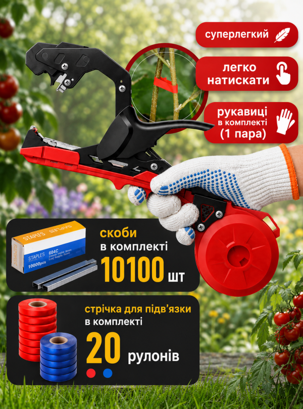 <b>OnePro</b> • Cтеплер для підв'язування рослин садовий тапенер легкий пістолет для підв'язки винограду кущів дерев помідорів квітів універсальний зручний для дачі городу зі стрічками скобами у комплекті Червоний