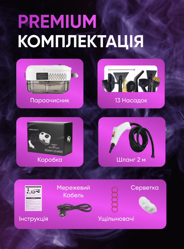 <b>OnePro</b> • Пароочисник ручний для меблів з насадками для плитки підлоги кухні швів вікон автомобіля парогенератор для прибирання дому квартири портативний для дезінфекції очищення парою відпарювач одягу високого тиску з лед екраном універсальний Білий