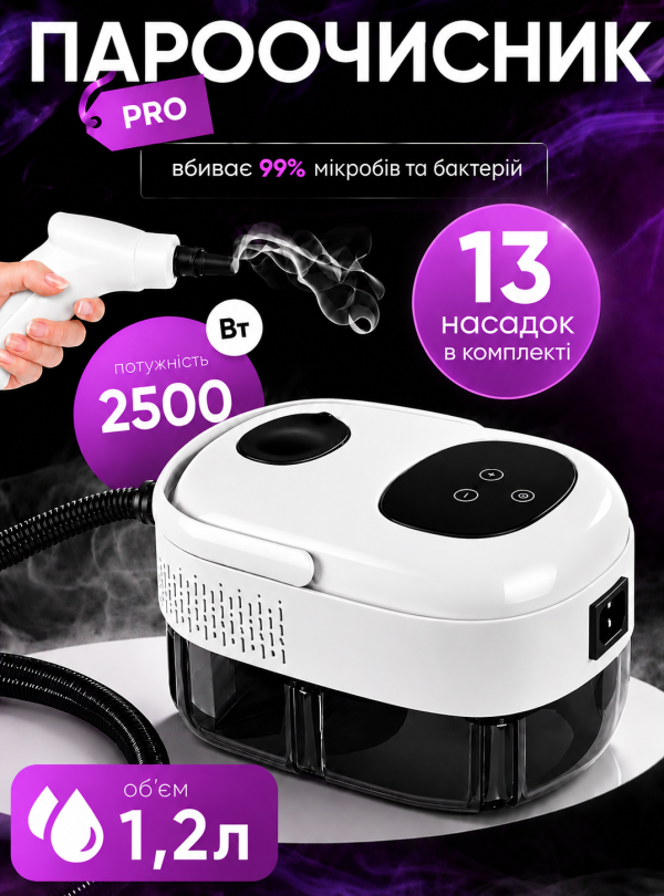 <b>OnePro</b> • Пароочисник ручний для меблів з насадками для плитки підлоги кухні швів вікон автомобіля парогенератор для прибирання дому квартири портативний для дезінфекції очищення парою відпарювач одягу високого тиску з лед екраном універсальний Білий