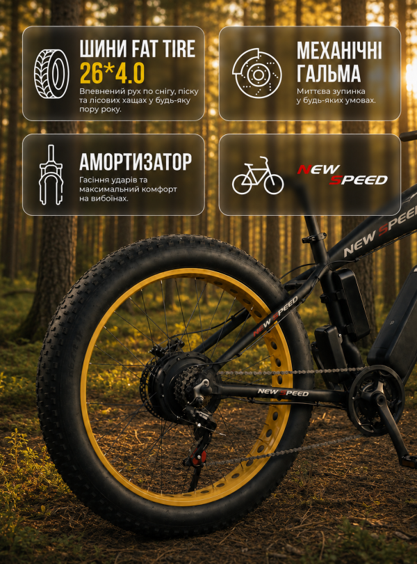 <b>New Speed</b> • Электровелосипед 500W 13Ah электрофетбайк с широкими колесами 26×4.0" Черный