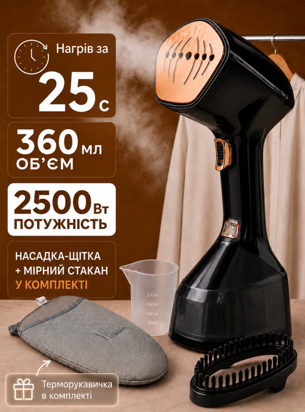 <b>OnePro</b> • Ручной вертикальный бытовой отпариватель одежды мощный парогенератор 2500 Вт для всех видов тканей три режима работы для глажки рубашек брюк штор и постельного белья портативный утюг для дома командировок и путешествий Черный
