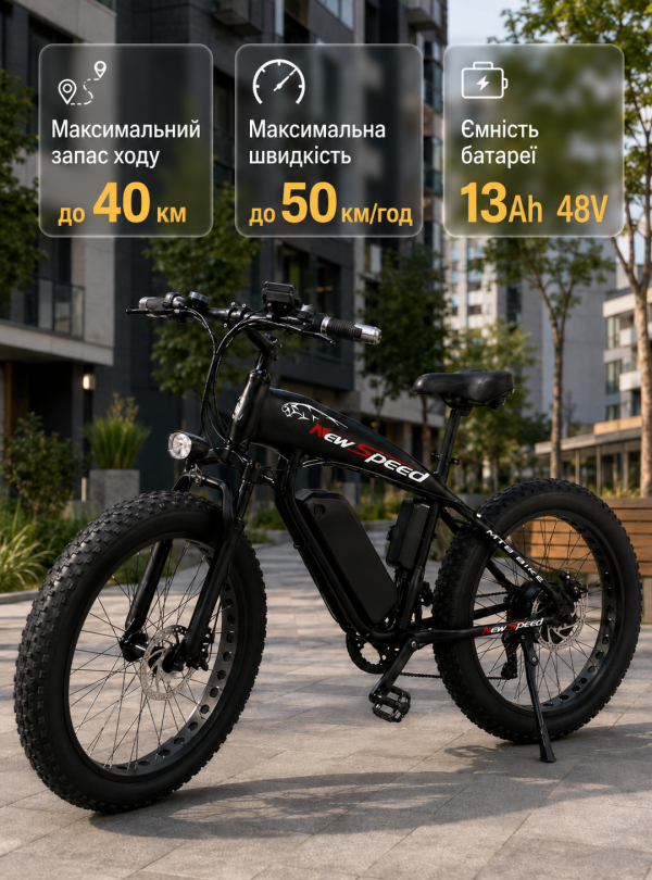 <b>New Speed</b> • Электровелосипед 1000W 13Ah электрофетбайк для бездорожья 26×4.0" Черный глянцевый