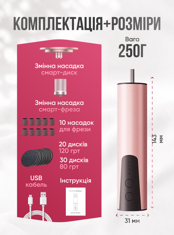 <b>OnePro</b> • Пемза електрична для ніг акумуляторна дискова пилка для педикюру зі змінними насадками Рожевий
