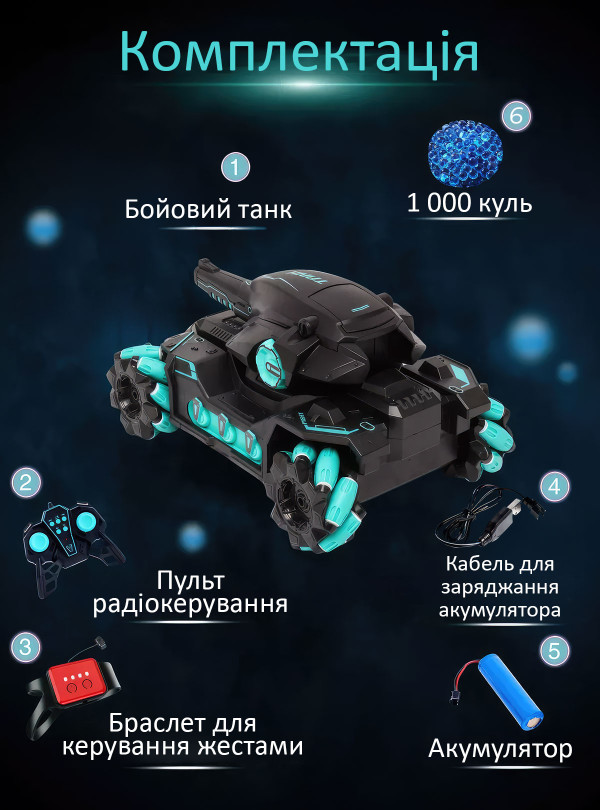 <b>OnePro</b> • УЦІНКА! Машинка на радіокеруванні танк всюдихід для бездоріжжя стріляє водяними кульками орбіз дрифт машина на пульті та браслеті жестового керування іграшка авто крутий подарунок для хлопчика Чорний з бірюзовим
