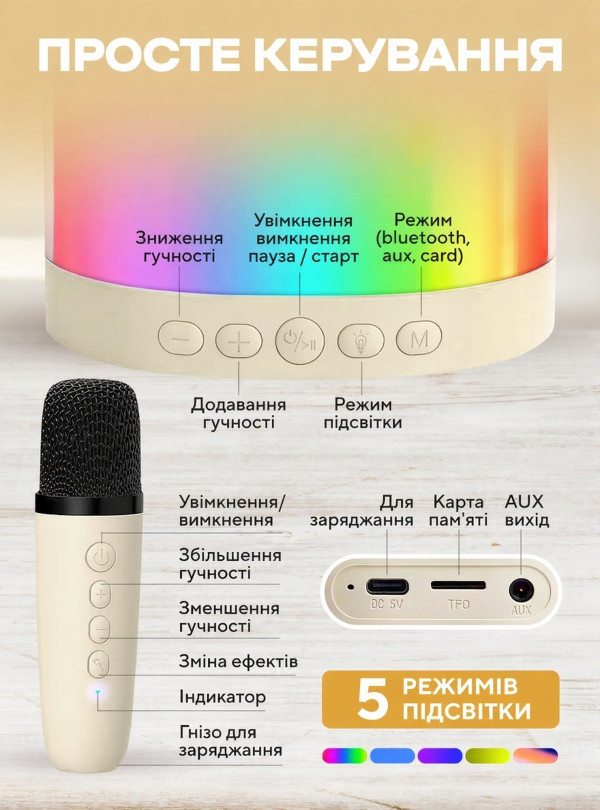 <b>OnePro</b> • УЦІНКА! Дитяче караоке з двома мікрофонами блютуз колонка бездротова з підсвічуванням набір для дітей подарунок на день народження дівчинці хлопчику дитині Бежевий