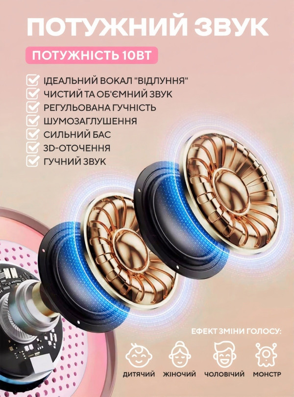 <b>OnePro</b> • УЦІНКА! Дитяче караоке з двома мікрофонами блютуз колонка бездротова з підсвічуванням набір для дітей подарунок на день народження дівчинці хлопчику дитині Рожевий