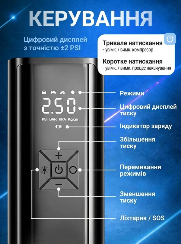 <b>OnePro</b> • УЦІНКА! Портативний компресор автомобільний насос для шин машини мотоцикла велосипеда м'яча надувних іграшок матрасів човнів басейну акумуляторний бездротовий універсальний з ліхтариком цифровим лед дисплеєм автоматичний швидкий мобільний туристичний Чорний