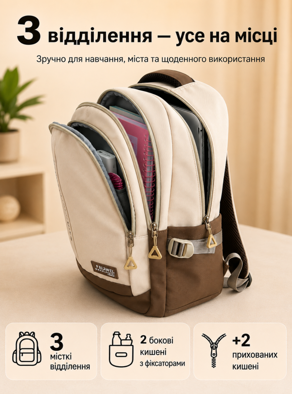 <b>OnePro</b> • Міський рюкзак для ноутбука та навчання, місткий повсякденний універсальний Бежево-коричневий