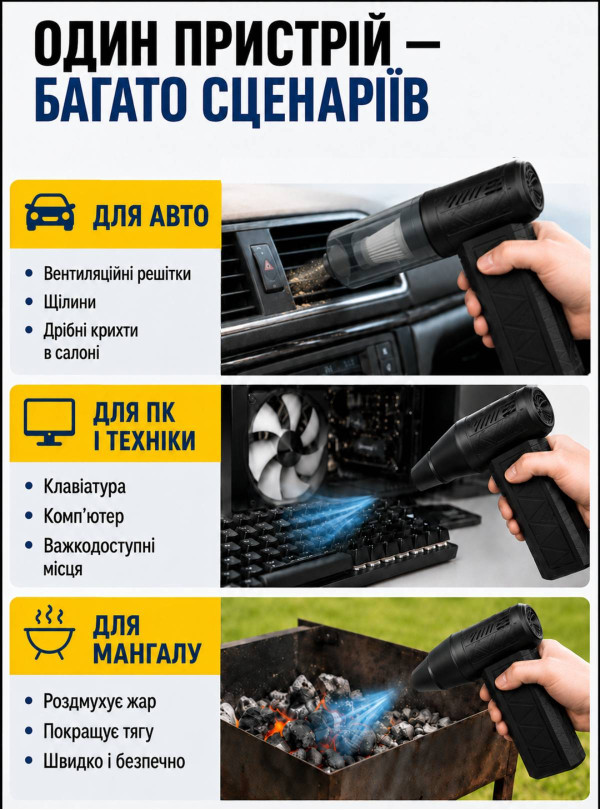 <b>OnePro</b> • Турбовентилятор воздуходувка аккумуляторная беспроводная 2в1 5000мАч 4 режима Черный