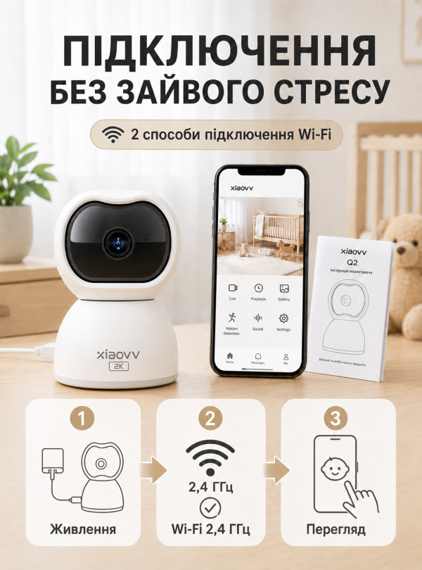 <b>OnePro</b> • Відеоняня IP-камера 2K поворот 355° нічне бачення двосторонній звʼязок Білий