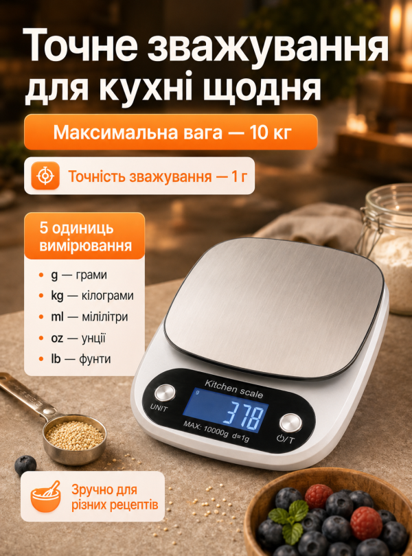 <b>OnePro</b> • Весы кухонные электронные до 10 кг лсд дисплей функция тары автовыключение Серебристый