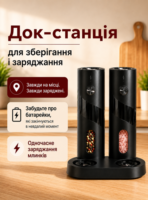<b>OnePro</b> • Мельница для специй электрическая с подставкой для зарядки универсальные 2 штуки Черный