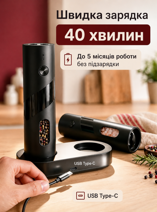 <b>OnePro</b> • Мельница для специй электрическая с подставкой для зарядки универсальные 2 штуки Черный