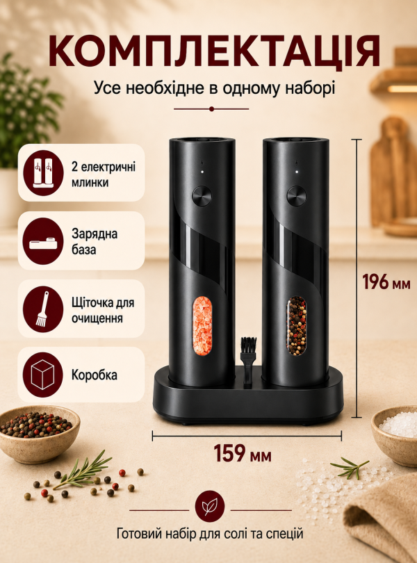 <b>OnePro</b> • Мельница для специй электрическая с подставкой для зарядки универсальные 2 штуки Черный
