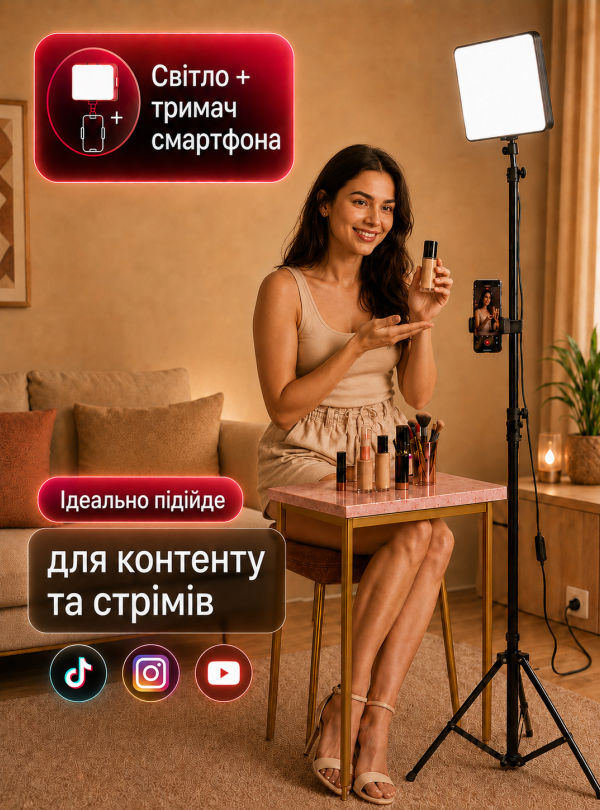 <b>OnePro</b> • Світло для зйомки прожектор на штативі висота 2м потужність 15Вт 3 режими Чорний