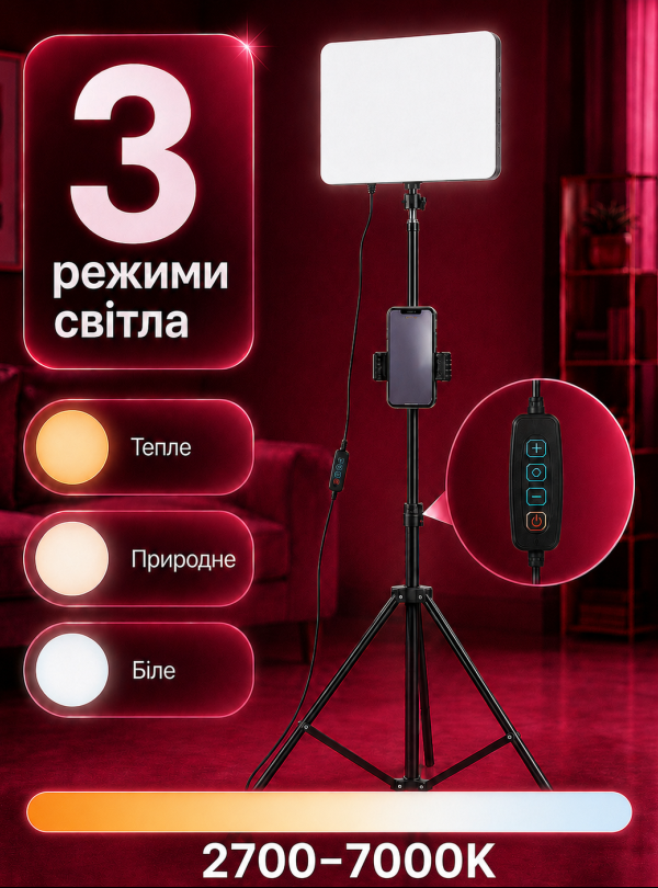 <b>OnePro</b> • Світло для зйомки прожектор на штативі висота 2м потужність 15Вт 3 режими Чорний
