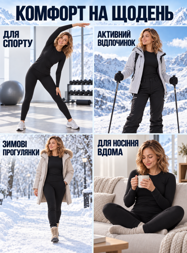 <b>Kifa</b> • Термобілизна жіноча лонгслів та лосини тепла зимова комфортна набір Чорний