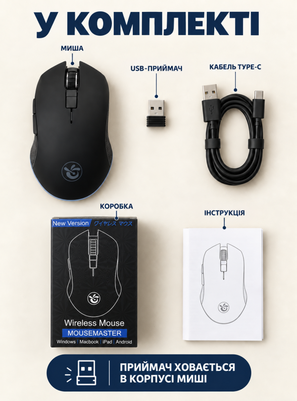 <b>OnePro</b> • Мышка беспроводная Bluetooth и USB с аккумулятором 500 мАч для ПК и ноутбука Черный