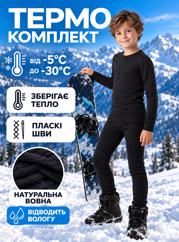 <b>Kifa</b> • Термобілизна дитяча для хлопчика зимова вовняна термокомплект для школи прогулянок Чорний