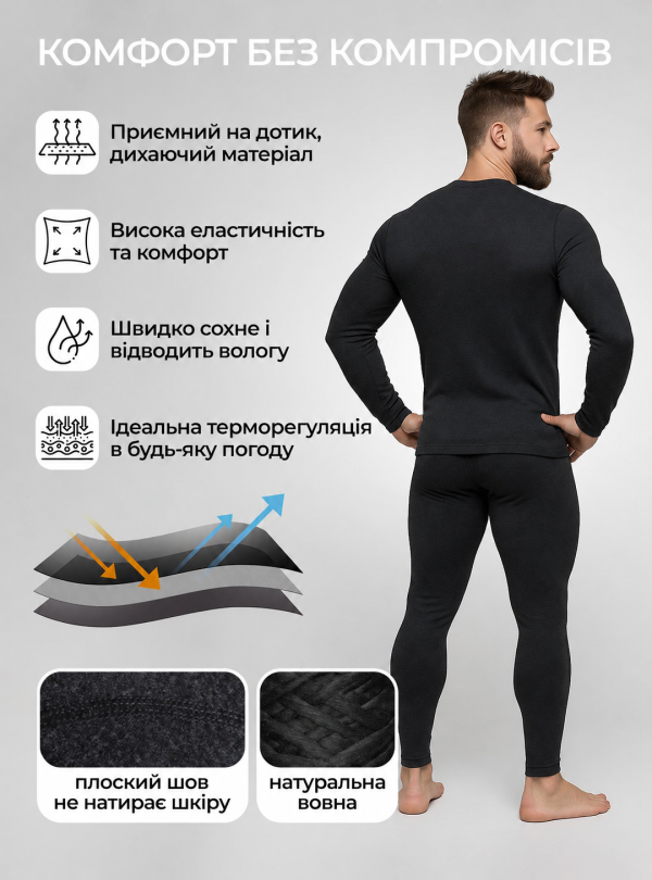 <b>Kifa</b> • Термобілизна чоловіча зимова вовняна термокомплект теплий для зими універсальний Чорний