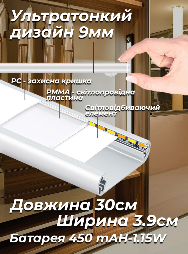 <b>OnePro</b> • Светодиодная лампа с аккумулятором / led светильник с датчиком движения для кухни, ванной 30см Черный