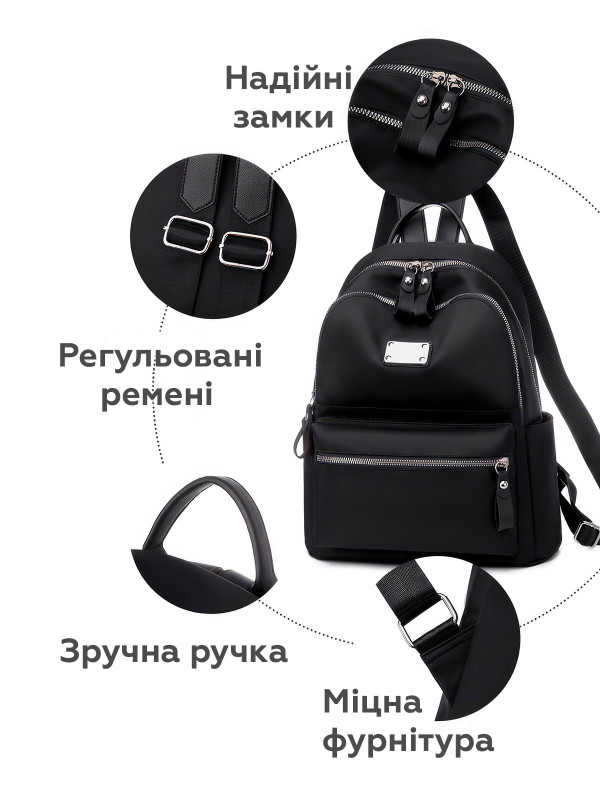 <b>OnePro</b> • Жіночий рюкзак міський стильний молодіжний місткий спортивний підлітковий модний портфель до школи повсякденний тканинний Чорний