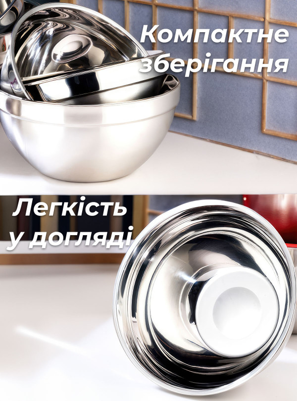 <b>OnePro</b> • Набір металевих мисок 5 шт. 18-26см для кухні із силіконовою кришкою / глибока миска для змішування Сірий