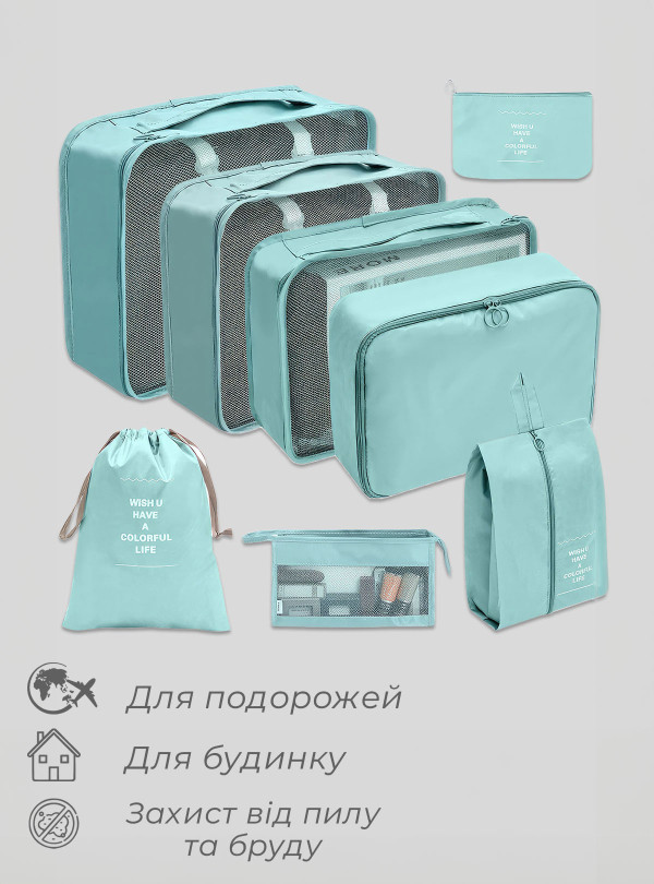 <b>OnePro</b> • Набор дорожных сумок органайзеров для чемодана / комплект из 8 дорожных органайзеров / органайзер для одежды в чемодан Бирюзовый