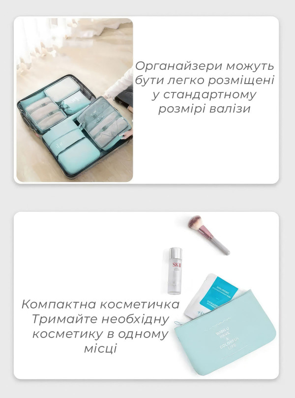 <b>OnePro</b> • Набор дорожных сумок органайзеров для чемодана / комплект из 8 дорожных органайзеров / органайзер для одежды в чемодан Бирюзовый
