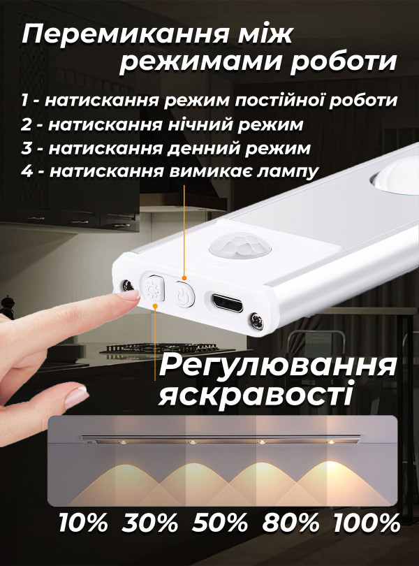 <b>OnePro</b> • Светодиодная лампа с аккумулятором / led светильник с датчиком движения для кухни, ванной 40см Черный