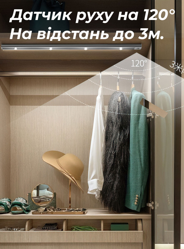 <b>OnePro</b> • Светодиодная лампа с аккумулятором / led светильник с датчиком движения для кухни, ванной 40см Черный