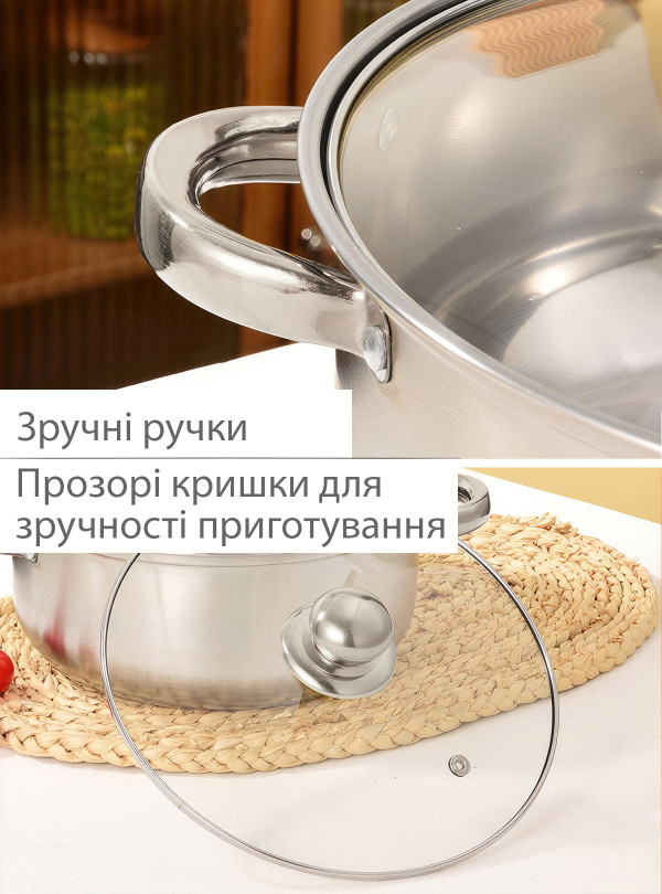 <b>OnePro</b> • Набір каструль із нержавіючої сталі зі скляною кришкою 5шт. 16-24см / набір кухонного посуду для кухні Сірий
