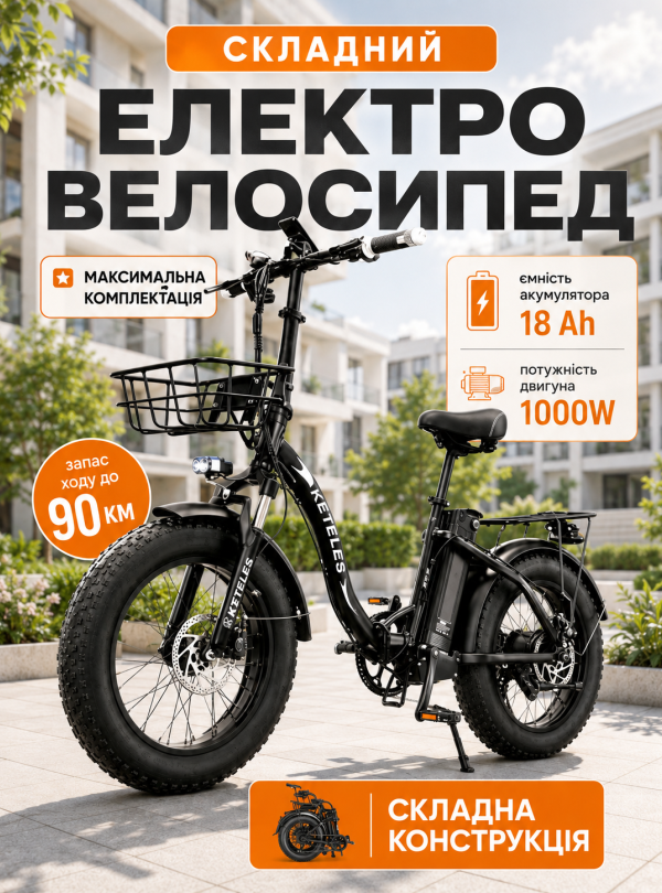 <b>KETELES</b> • Електро велосипед KF9 750W 18Ah електро фетбайк складаний міський Чорний