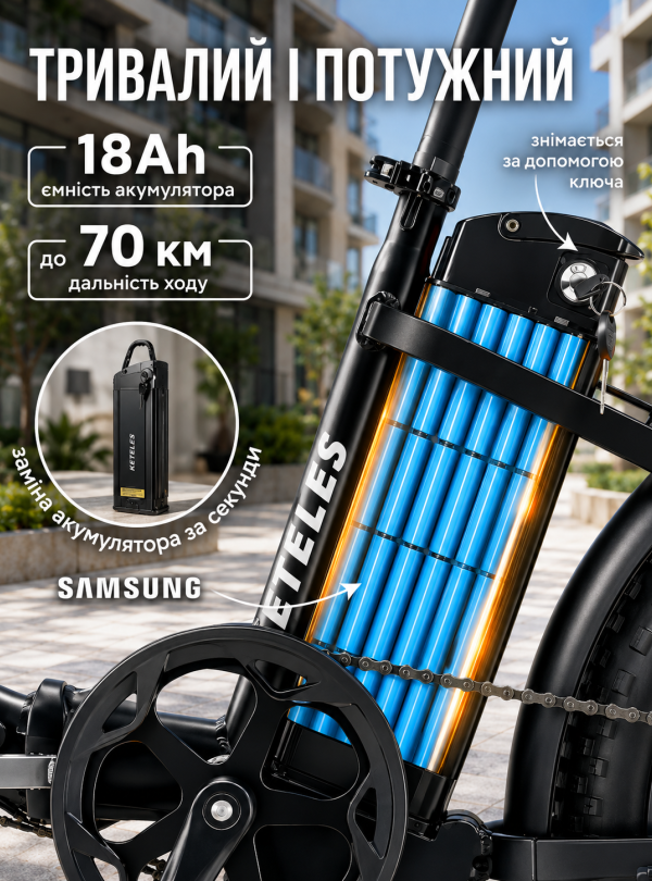 <b>KETELES</b> • Електро велосипед KF9 750W 18Ah електро фетбайк складаний міський Чорний