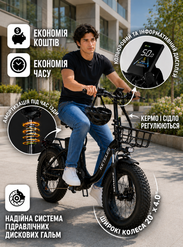 <b>KETELES</b> • Електро велосипед KF9 750W 18Ah електро фетбайк складаний міський Чорний