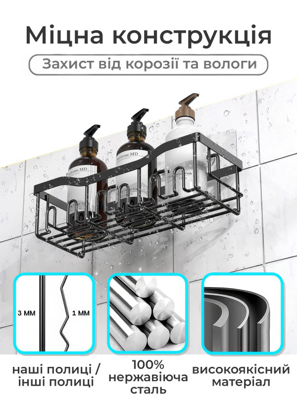 <b>OnePro</b> • Набор держателей для ванной из 5 шт. / полка в ванную навесная из нержавейки / вакуумные держатели для шампуней в душ Черный