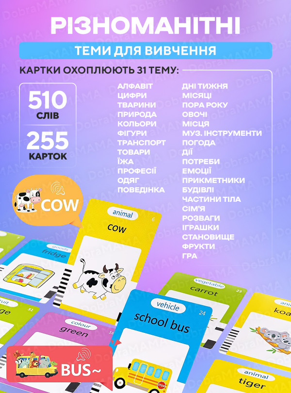 <b>DobraMAMA</b> • Детские развивающие карточки Монтессори для изучения английского языка / говорящие интерактивные карточки / 255 карточек / 510 слов Голубой