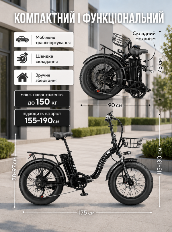 <b>KETELES</b> • Електровелосипед складний KF9 750W 26A потужний електрофетбайк міський Чорний